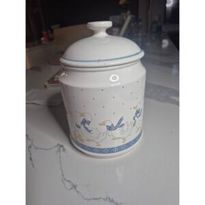 Vintage Ceramic Duck Canister White Blue Polka Dot Bows Farmhouse Jar Japan